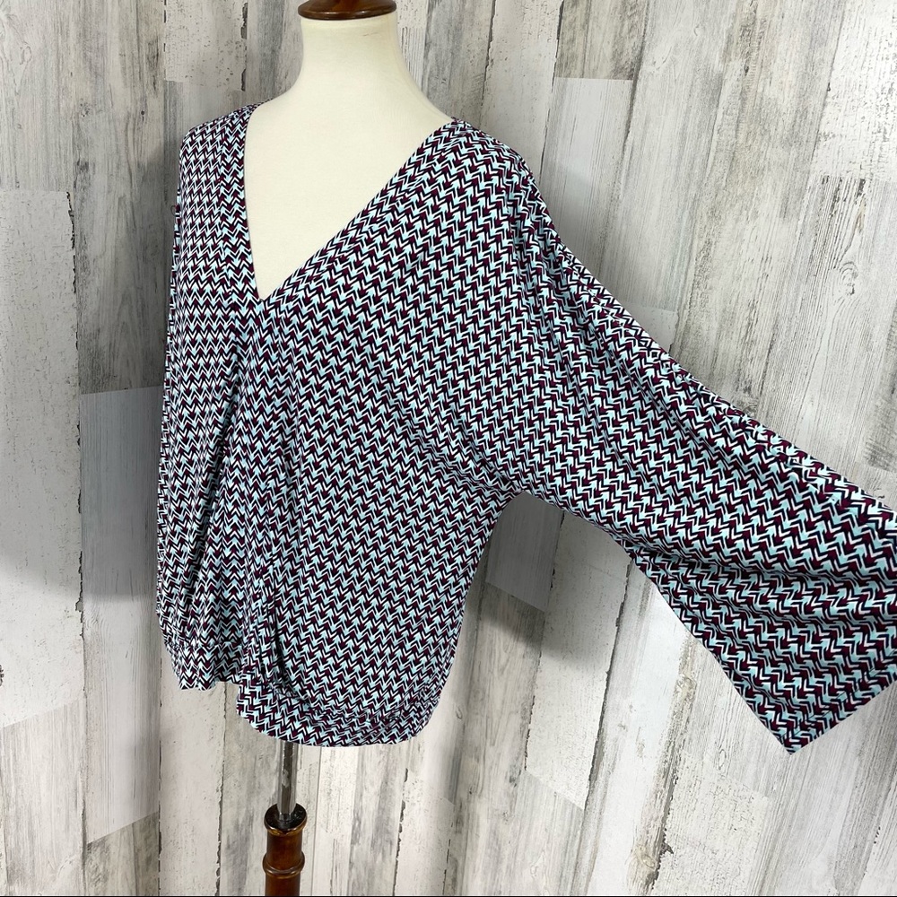 Lascana Women’s Blue Red Chevron Print Long Dolman Sleeve V Neck Blouse 12/14
